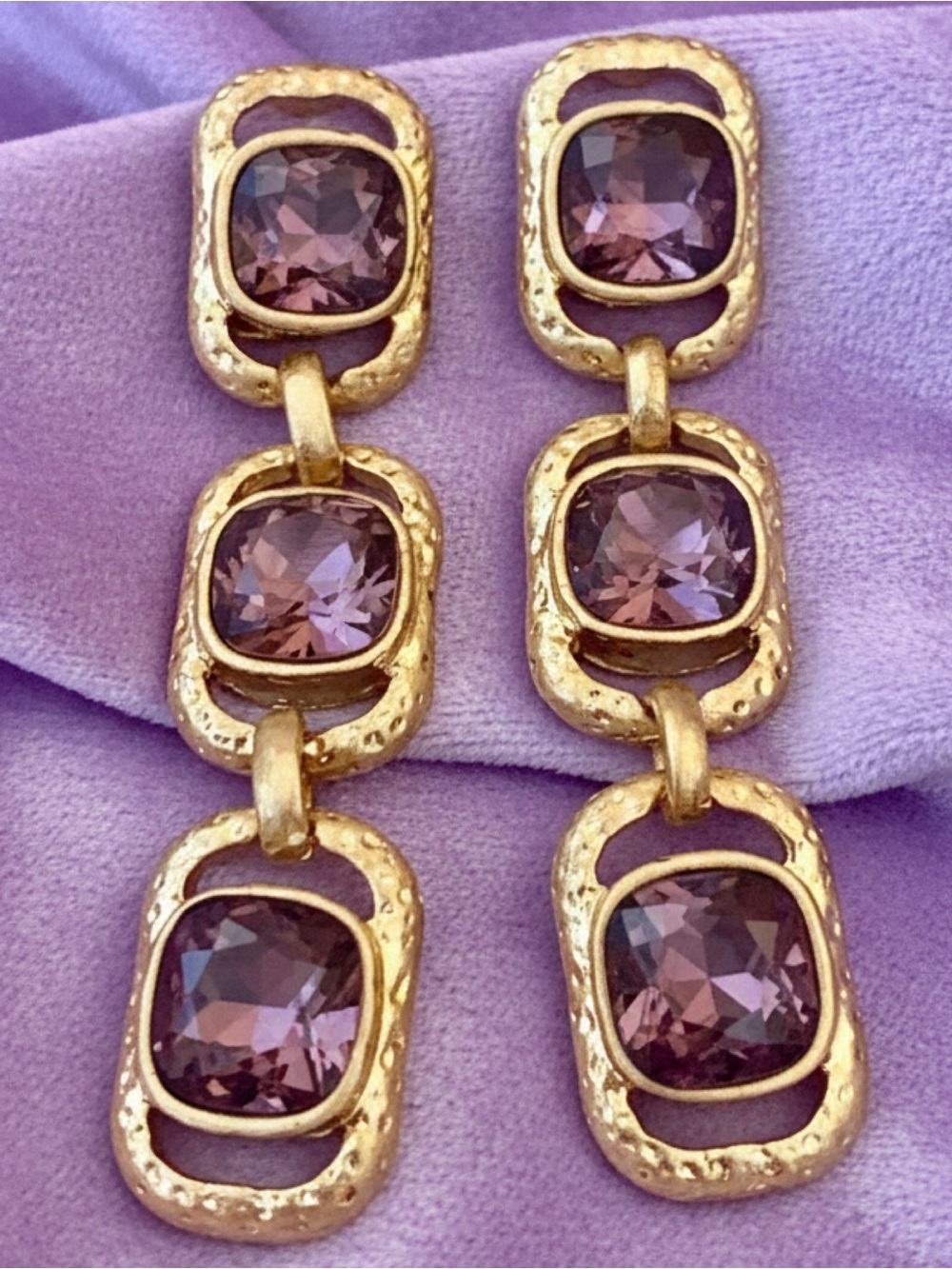 OSCAR DE LA RENTA Amethyst Crystal Earrings✨Gold Triple Drop Rectangles ✨Post